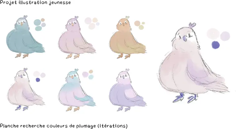 Planche de recherche de couleurs de plumage d'un pigeon